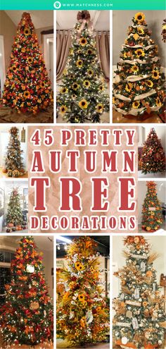 a collage of different christmas trees with sunflowers on them and the words,'pretty autumn tree decorations '