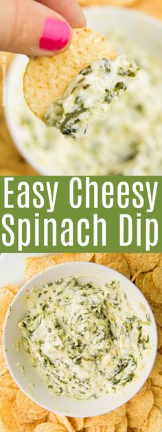 easy cheesy spinach dip in a white bowl with tortilla chips