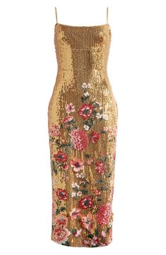 Elegant and enchanting, this square-neck dress is designed with a garden of floral embroidery and a lustrous sequined backdrop. 40 1/2" center front length (size 10) Square neck Spaghetti straps Lined 100% polyester Dry clean Imported Floral Sequin Dress, Kurtis Style, Rose Cocktail Dress, Garden Dresses, Cocktail Dress Nordstrom, Gold Cocktail Dress, Garden Dress, Golden Glitter, Sequin Cocktail Dress