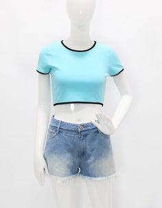 Sexy and retro Can be paired with any basic pants Perfect for catching up with friends Trendy Light Blue Crew Neck Crop Top, Light Blue Stretch Crop Top With Short Sleeves, Jennie Blue, Rib Knit Crop Top, Kpop Crop Top, Airport Fashion Kpop, Catching Up With Friends, Black Cold Shoulder Dress, Kpop Tshirt