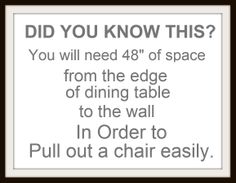 a sign that says, did you know this? you will need 48 of space from the edge of dining table to the wall in order to pull out a chair easily