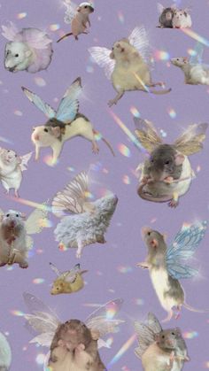 many different types of animals and mice on a purple background with holographics