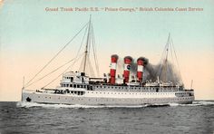 "Grand Trunk Pacific S.S. "Prince George," British Columbia Coast Service" .  The Grand Trunk Steamship Prince George, and her sister ship the SS Prince Rupert, served the coast of British Columbia and Alaska. Originally these vessels served regular runs from Seattle to Victoria, Vancouver, Prince Rupert and Stewart, Alaska. Seattle and Victoria were dropped from the route after a few years and Skagway, A... Screenplay Ideas, Prince George British Columbia, Prince Rupert, Royal Canadian Navy, Skagway Alaska, Canadian National Railway, Mounted Police, Boat Plans, Prince George