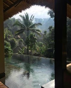 an outdoor swimming pool surrounded by trees and mountains in the distance with water running through it