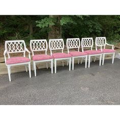 Completely fabulous this set of dining chairs offers up Palm Beach glamour. They have been freshly and professionally painted in Benjamin Moore “Decorators White” gloss.  I absolutely love the fun vintage pink leopard upholstery, use these as is or recover in your favorite fabric. This set includes two captains chairs and four side chairs.  To View all of our listings at Bill Trimble Home, Click on Shop Bill Trimble Home on the right side of this listing. Follow Shop Bill Trimble Home to be noti Benjamin Moore Decorators White, Decorators White, Beach Dining Room, Decorators White Benjamin Moore, Beach Glamour, Chippendale Chairs, Palm Beach Regency, Comfy Chairs, Pink Leopard