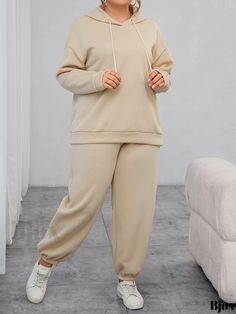 Bjux - Premium Plus Size Womens Sportswear Set: Solid Drop Shoulder Long Sleeve Hoodie & Joggers - Stylish and Comfortable 2-Piece Outfit Sweat Pant Outfits, Plus Size Sporty Outfits, Jogger Outfit, Pant Outfits, Drawstring Sleeve, Womens Sportswear, Lash Sets, Drop Shoulder Hoodie, Sweat Pant