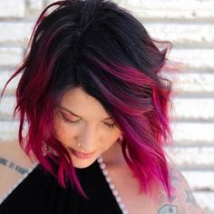 Vivid Hair Color Medium Length, Funky Brown Hair Color, Pink Purple Hair Short, 2024 Hair Color Trends For Women Short, Pink Highlights In Brown Hair Short, Black And Magenta Hair, Hot Pink Peekaboo Hair, Under Hair Dye, Shade Hair