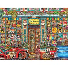 a painting of a store front with a motorcycle parked in front