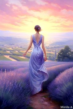 a painting of a woman in a dress walking down a path through lavender fields at sunset