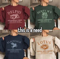 four different sweatshirts with the words delphii, strawberry palm, and garden park printed on them