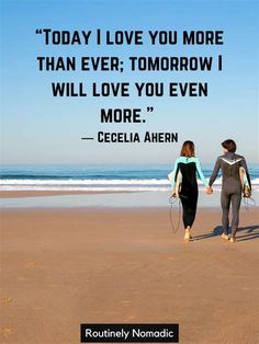 two people walking on the beach holding hands and one has a quote from cecilia ahern