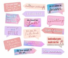 pink and purple stickers with different phrases