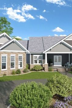 Stone and cladding ranch style house with garage. Garage House, Ranch Style