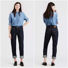 Levi’s Made And Crafted Column Taper High Rise 24 Size 24x30 Style # 756450005 Japanese Selvedge Denim Resin Valley Dark Wash Made To Be Worn And Washed Less Blue Tab Straight Fit High Rise: 11.5” Straight Leg Opening: 14.25” Zip Fly 5 Pocket Styling Thick Cotton Feel 98% Cotton 2% Elastane Bin C Levi's Denim Blue Workwear Jeans, Levi's Denim Blue Jeans For Workwear, Levis Street Style, Slim Jeans Outfit, Levi Straight Leg Jeans, Japanese Selvedge Denim, Straight Crop Jeans, Selvedge Denim, Levi Jeans 501