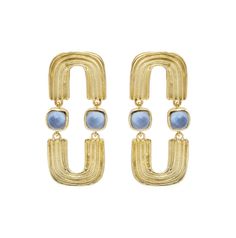 18k Gold Plated earrings with textured U-drop Two Duplet Faceted stones Handmade in Brazil Elegant Blue Hammered Earrings, Blue Hammered Drop Earrings, Luxury Blue Gold-plated Earrings, Gold Plated Earrings, Black Onyx, Statement Earrings, Onyx, Brazil, 18k Gold