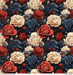 red, white and blue roses are arranged in an intricate pattern on a black background