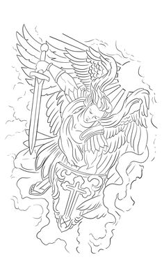 St Michael Tattoo Stencil, Large Tattoo Stencil, Guardian Angel Tattoo Stencil, Warrior Of God Tattoo, Tattoo Templates Stencil, St Michael Tattoo Design, Angel Tattoo Stencil, Angel Tattoo Stencils, Protector Tattoo