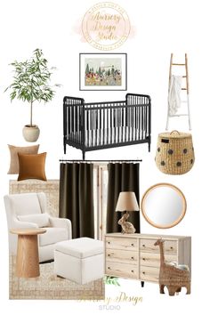 a baby's room with furniture and accessories including a crib, rocking chair, dresser