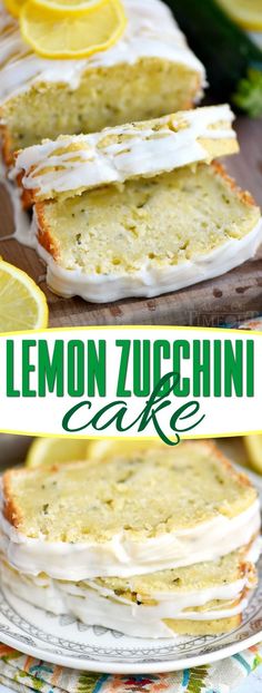 lemon zucchini cake with white frosting and sliced lemons on the side