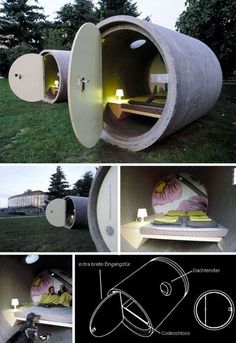 an unusual bed in the shape of a barrel with its lights on and inside it