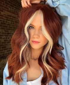 Ginger Hair with Blonde Money Piece Red And Blonde Halo Hair, Red Hair With White Highlights, Strawberry Blonde With Money Piece, Split Hair Color, Bright Copper Hair, Ginger Hair Dyed, 2024 Haircuts, Demon Prince