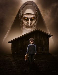 a young boy standing in front of a barn with an evil face on his head