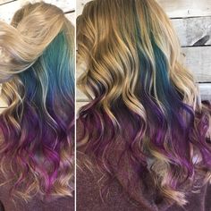 Peekaboo Mermaid Hair, Creative Hair Color Blonde, Purple And Teal Highlights Blonde Hair, Violet Peekaboo Hair, Purple Mermaid Hair, Teal And Purple Hair, Highlight Hairstyles, Hair Peekaboo