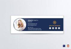 a blue and white business card with an image of a woman on the front side