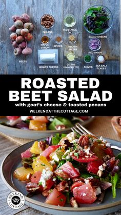 A plate filled with a ROASTED BEET SALAD plus, a second image of the ingredients needed to make it! Roasting Beets In Oven, Roasted Beet Salad, Citrus Vinaigrette, Prep Lunch, Drink Inspiration, Spiced Pecans, Healing Recipes, Goat Cheese Salad, Roasted Beets