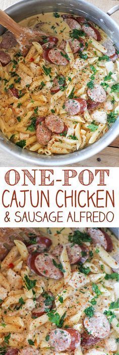 one pot cajun chicken and sausage alfredo is an easy weeknight dinner that's ready in under 30 minutes