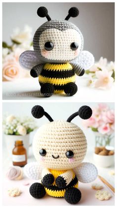 crocheted stuffed animals made to look like bees