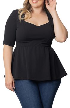 This versatile top is framed by elbow-length sleeves and features a flouncy peplum that moves when you walk. 27 1/2" (size 1X) Sweetheart neck Elbow-length sleeves 95% polyester, 5% spandex Machine wash, dry flat Made in the USA of imported fabric Peplum Top For Jeans, Plus Size Rectangle Body Shape Outfits, Peplum Top Outfits Dressy, Clothes For Pear Shaped Women, Small Chest Outfits, Big Belly Outfits Plus Size, Top For Plus Size Women, Plus Size Women Outfits, Natural Wardrobe