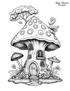 a drawing of a mushroom house in the woods