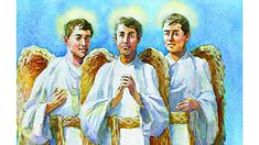 three men standing next to each other with angel wings on their shoulders and hands in front of them