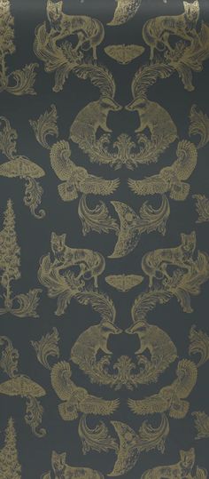 the wallpaper is decorated with gold and black dragon designs on dark blue background,