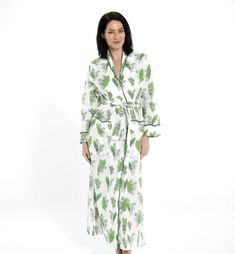 Lily-of-the-Valley Tailored Robe Elegant Spring Home Robe, Feminine Floral Print Robe For Loungewear, Green Long Floral Print Robe, Green Floral Print Long Robe, Elegant Green Spring Robe, Long Spring Robe For Home, Long Floral Print Sleepwear For Spring, Spring Long Robe For Home, Long Floral Print Robe For Loungewear