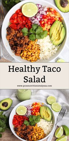 healthy taco salad in a bowl with avocado and cilantro on the side