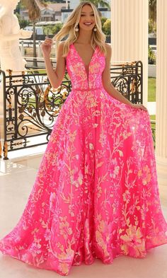 Clarisse 810458 - V-Neck Floral Sequin Ballgown Special Occasion Dress 00 / Flamingo Prom Dress Floral, Pink Pageant Dress, Hot Pink Prom Dress, Cute Formal Dresses, Stunning Prom Dresses, Sleeveless Gown, Ball Gown Skirt