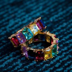 Rainbow Baguette Ring in Yellow Gold - The Jewelry Plug Blue Topaz Promise Ring, Aquamarine Engagement Ring Vintage, Branch Engagement Ring, Diamond Cluster Engagement Ring, Vintage Rose Gold, Flower Engagement Ring, Baguette Ring, Ring Trends, Aquamarine Engagement Ring