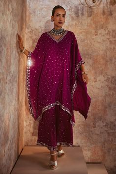 Shop for Vvani by Vani Vats Wine Georgette V Neck Embroidered Kaftan And Palazzo Set for Women Online at Aza Fashions Anarkali Gota Work Kaftan For Wedding, Bollywood Style Wedding Kaftan With Gota Work, Wedding Kaftan With Dabka For Navratri, Wedding Kaftan With Gota Work For Festivals, Wedding Kaftan With Gota Work For Festive Occasions, Bollywood Style Kaftan With Mirror Work, Bollywood Style Kaftan With Gota Work For Diwali, Bollywood Style Gota Work Kaftan For Eid, Wedding Chanderi Kaftan With Mirror Work