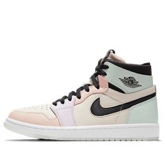 This Air Jordan 1 Zoom Comfort "Easter" has been constructed in a pastel color hue that is inspired by the Easter eggs themselves. It features a cream-colored tumbled leather serving as the base of the upper while purple and pink leather overlays appear at the forefoot and light green accents appear on the heel counter and ankle collar. The Swoosh is made of mesh. The Jumpman logo is embossed, the black laces and tongue add further contrast, while the white covers the opaque sole edged with a be Air Jordan 1 Zoom Comfort, Air Jordan 1 Zoom Cmft, Easter 2021, Preppy Shoes, Womens Air Jordans, Cute Nike Shoes, Wings Logo, Sneakers Mode, Cute Nikes