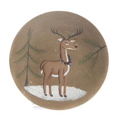 a brown plate with a deer and pine trees on it's side is shown