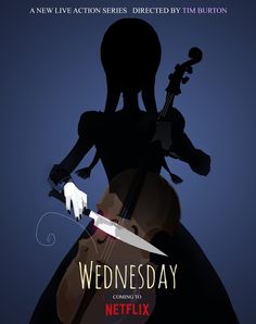 the poster for wednesday shows a woman holding a knife and playing an instrument in front of a dark blue background