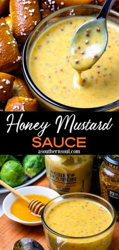 honey mustard sauce is being spooned into a bowl with bread rolls in the background