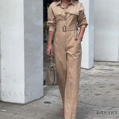 Lasaky - Exquisite High-Waisted Monochrome Wide-Leg Jumpsuit with Stylish Lapel High Waist Jumpsuit, Jumpsuit Fall, Floral Print Jumpsuit, Camisole Set, Fitted Jumpsuit, Short Sleeve Jumpsuits, Camisole Dress, Lace Camisole, Pant Length