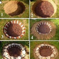 four pictures showing how to build a fire pit