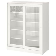 a white cabinet with two glass doors on the front and one door open to show shelves