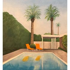 a painting of two orange chairs next to a swimming pool with palm trees in the background