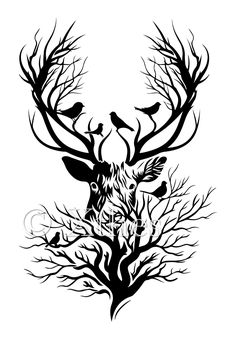 a black and white drawing of a deer's head with birds on its antlers