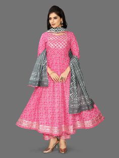 This beautiful Premium Cotton Bandhani Print Anarkali Set With Gotta Patti Work And Cotton Dupatta is the perfect mix between comfort and style. The set consists bandhani print anarkali style kurta with round neck, 3/4th sleeves, ankle length teamed with printed paazzo pants and a printed dupatta to match. Fabric: Cotton Color-Pink Washing instructions: Hand Wash Model is wearing size Small Bandhani Print Anarkali, Gotta Patti Work, Pink Washing, Bandhani Print, Gotta Patti, Printed Dupatta, Cotton Dupatta, Anarkali, Ankle Length